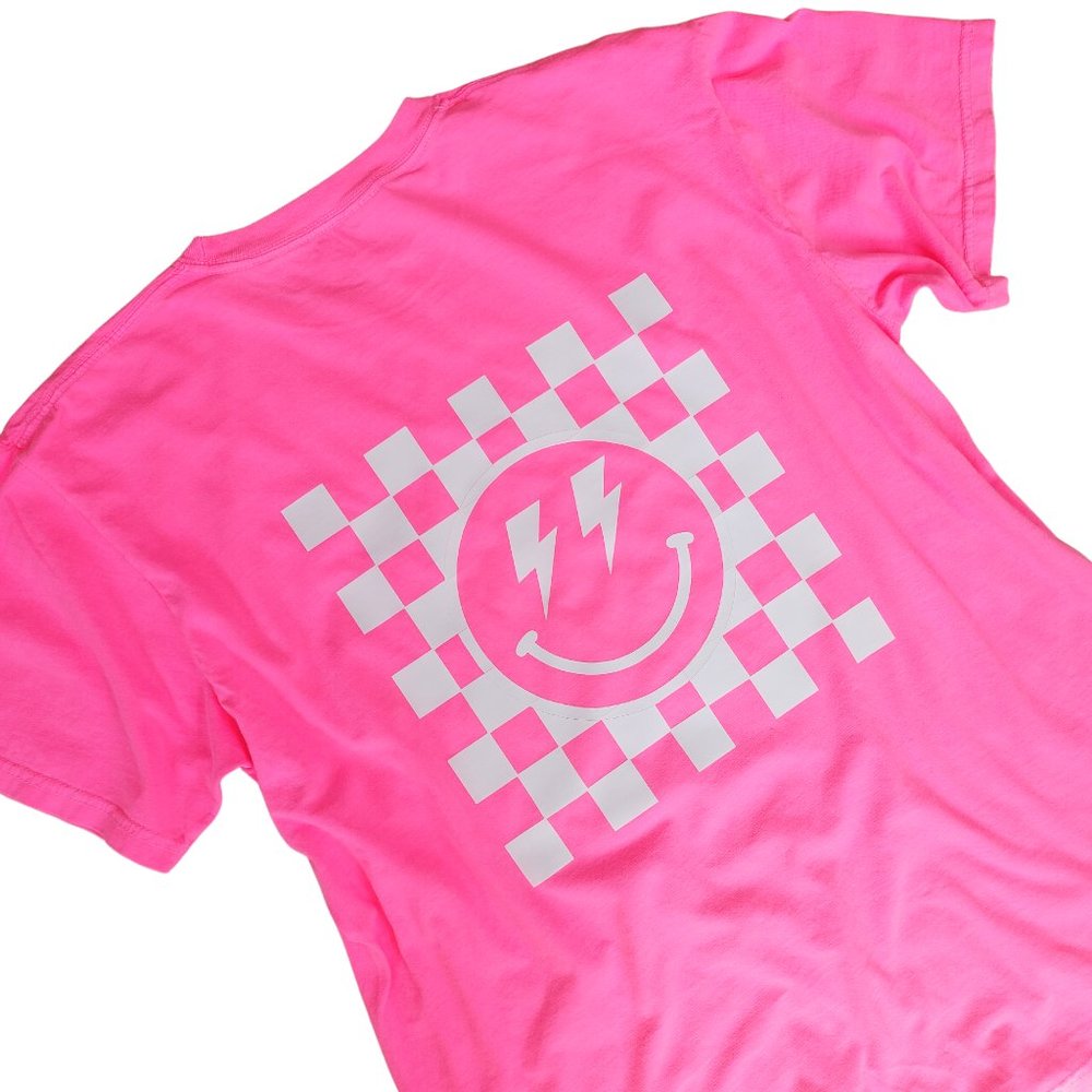 Neon Pink Smiley Face Checkerboard Lightning Bolt T-Shirt - Picture 2 of 10